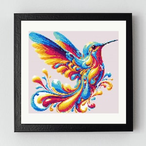 Hummingbird Cross Stitch Pattern – Vibrant Neon Bird, Digital PDF, Modern Embroidery, DIY Art, Instant Download