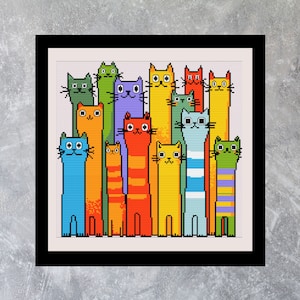 Kleurrijk kattenfamilie kruissteekpatroon – 153x144 steken – Levendig woondecor, directe PDF-download
