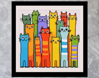 カラフルな猫の家族のクロスステッチパターン - 153x144ステッチ - 鮮やかなホームデコレーション、即時PDFダウンロード