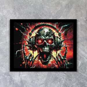 May include: A digital art print of a skull with glowing red eyes, wearing headphones and surrounded by a fiery, pixelated background.