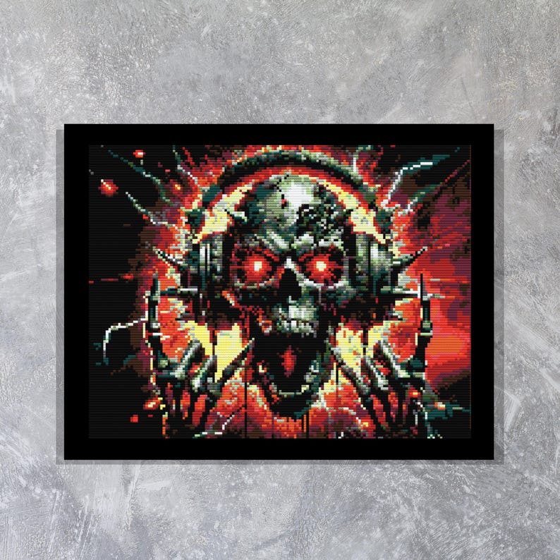 以下が含まれることがあります： 赤い光る目をした頭蓋骨がヘッドフォンを着用し、炎のようなピクセルで構成された背景に囲まれているデジタルアートプリントです。