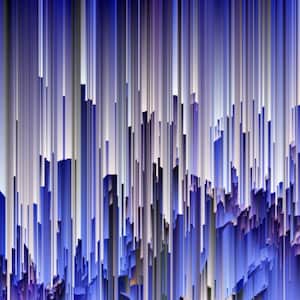 May include: Abstract digital art featuring a vertical pattern of thin, colorful lines in shades of blue, purple, and white.