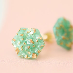Stud earrings - stone - hexagon earring - small earrings - textured stud earrings - gift - dainty earrings - crystal - green