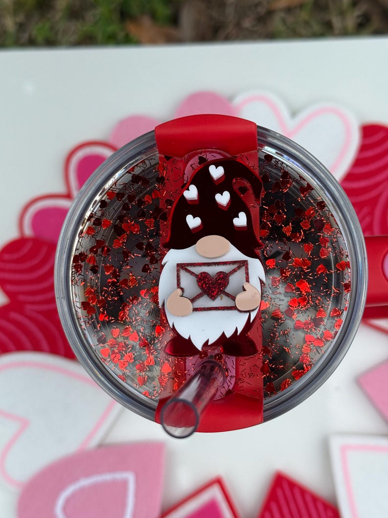 stanley cup name tag, stanley cup topper, stanley tag, acrylic name plate, stanley accessories, stanley tumbler, stanley drinkware, st patrick topper, valentine gnome, gift for her, personalized gift, valentines day, valentines gift