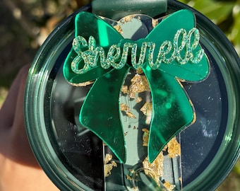 Bow tumbler name plate  Charms for tumbler Quencher Gold Green Mirror Name on Glitter  Shamrock Tumbler Topper Gold Dusted Shamrock set