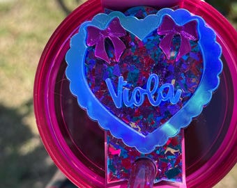 Porte-nom rose chroma truffe baies double noeud coeur Topper plaque nominative breloques en paille accessoire stanley chroma rose truffe baies stanley gros paillettes