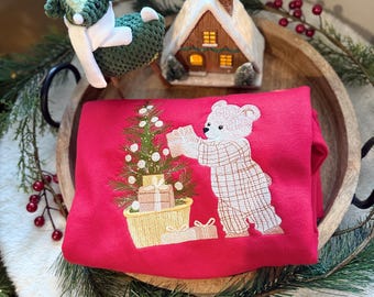 Felpa natalizia con orsetto, girocollo ricamato, stile vintage, regalo di Natale, graziosa felpa natalizia con orsetto ricamato