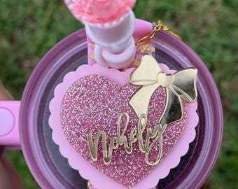 Plaque nominative coeur rose, étiquette de coupe Stanley, plaque nominative blush, breloque en paille, accessoire Stanley, breloques ibiza Sunse personnalisées