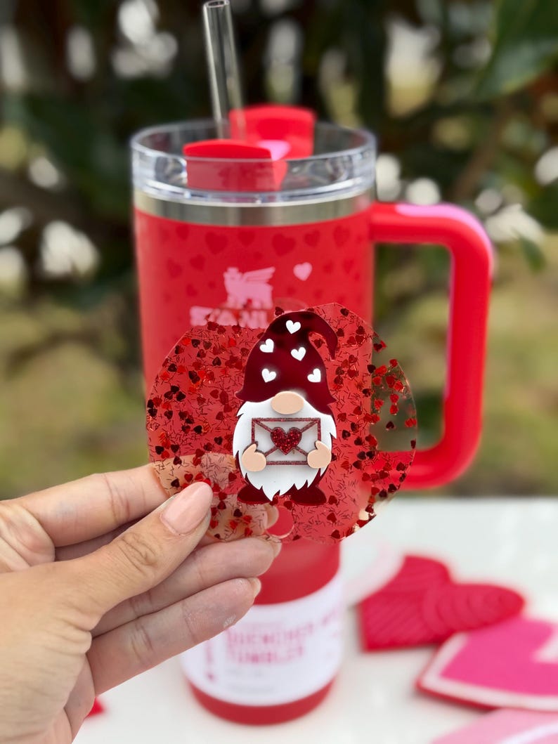 stanley cup name tag, stanley cup topper, stanley tag, acrylic name plate, stanley accessories, stanley tumbler, stanley drinkware, st patrick topper, valentine gnome, gift for her, personalized gift, valentines day, valentines gift