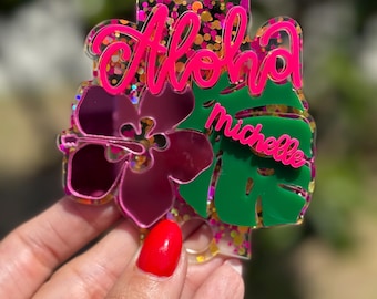 Personalized  Name Plate Aloha Tropical Flower Tumbler Topper beach namaplate Flower Topper Tumbler Tropical Name Plate  tumbler accessory
