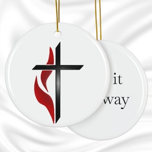 METHODIST CROSS and Flame Ceramic Ornament Personalized Double-Sided print