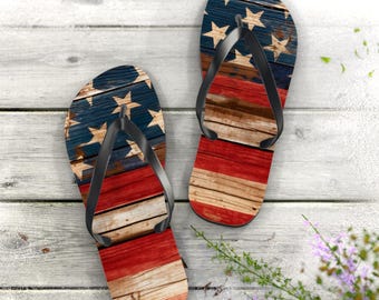 USA FLAG Rustic Flip Flops Summer Sandals Fourth of July Footwear Beach Accessories Americana Style