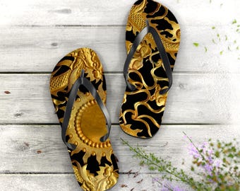 GOLD ELEGANCE Flip Flops with Golden Dragon Design Beach Footwear Vacation Sandals Poolside Wear