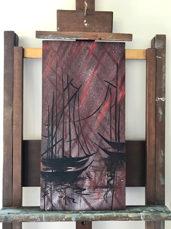 MCM painting attributed to Danny Garcia, original painting on board, seascape with boats, mid-century modern expressionist painting