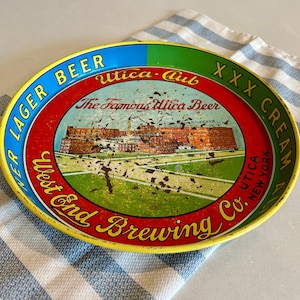 Utica Club beer tray, vintage bar decor, 1940s collectible beer memorabilia, retro steel tray made in USA, West End Brewing Utica New York