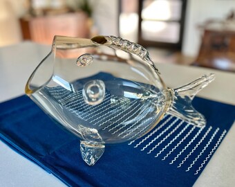 Vaso a forma di pesce in vetro Blenko, vetro artistico MCM, recipiente in vetro trasparente a forma di pesce, decorazione di metà secolo
