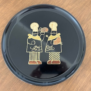 Round Couroc tray, inlaid Chef and Cook design, Couroc of  Monterey vintage serveware, black lacquer serving tray, 10.5&quot; diameter