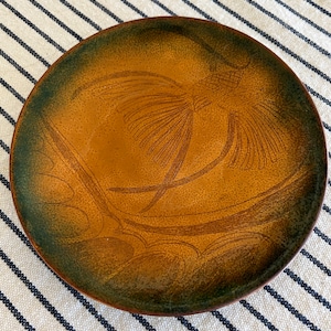 Enamel trinket dish, handmade glazed enamel plate, amber and green enamel catchall dish, vintage enamelware, MCM home decor, Mid Century