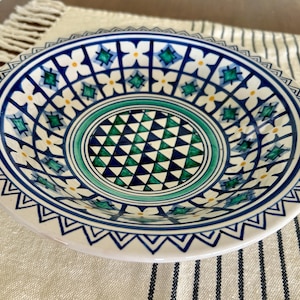 Moroccan pottery dish, hand painted moorish design, glazed moroccan ceramics, vintage ethnic decor, wall hanging, ceramic serving bowl