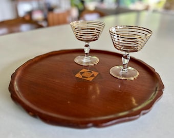 Plateau Décoratif En Bois Marqueté - Incrustations Losanges Et Motifs Géométriques - Vintage