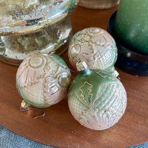 Vintage glass ornaments, box of 6 in original packaging, Czechoslovakian glass Christmas ornaments, vintage holiday decor, sage gold blush
