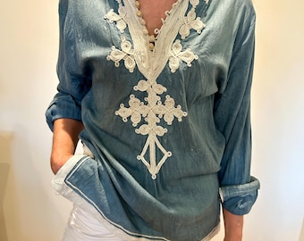 Vintage Moroccan tunic, embroidered blue and white tunic top, long sleeved ethnic top, boho fashion, global style clothing