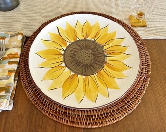 Casual Ceram sunflower platter 12.25 diameter, Mexacali Electra pattern made in Japan, oversized dinner plates, vintage serving platter