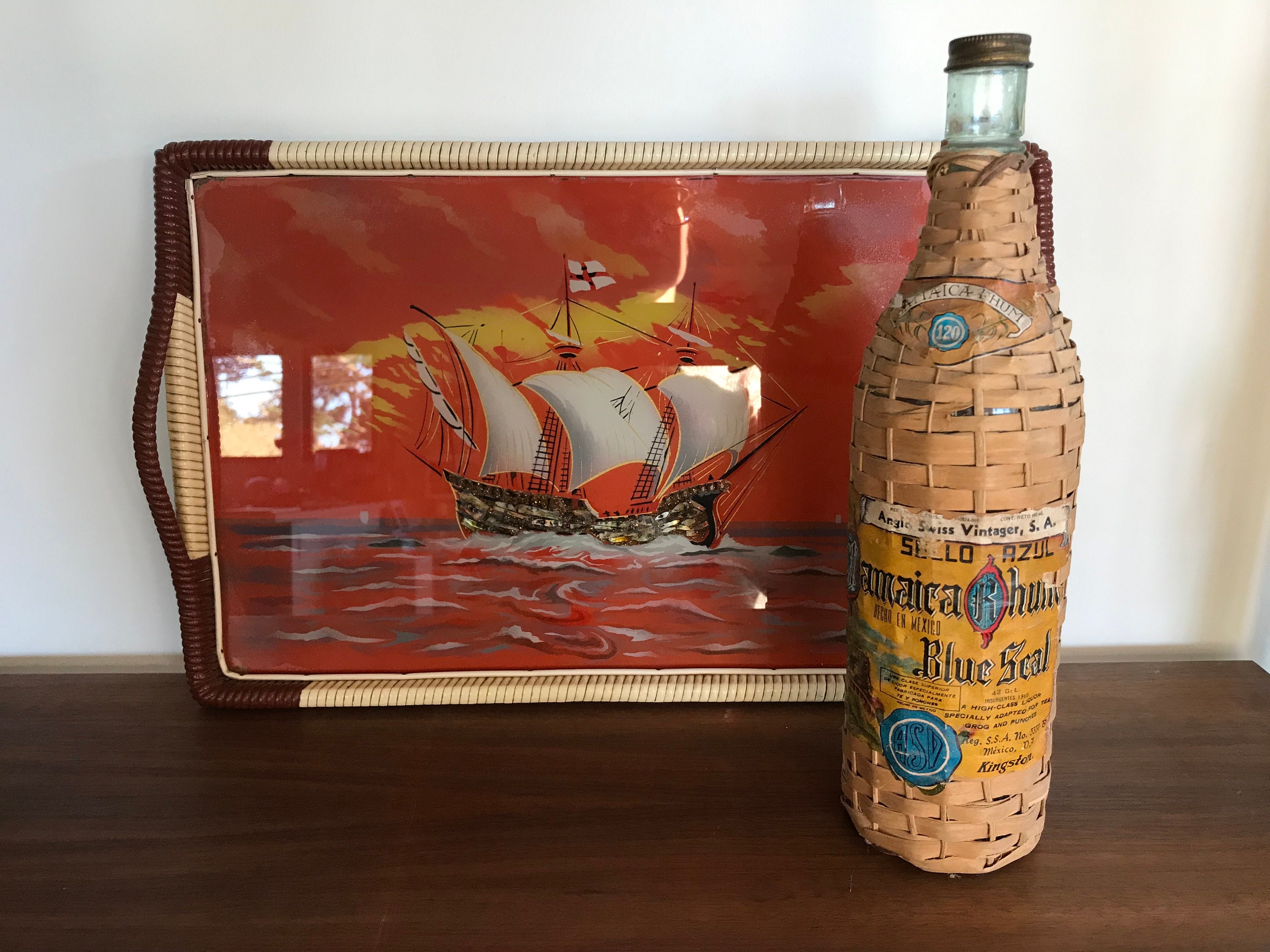 Vintage Ship Serving Tray, Reverse Painted Glass With Shell Inlay, Red ...