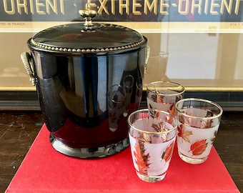 Kraftware ice bucket, black and gold barware, vintage MCM barware, retro bar accessories, mid-century home decor