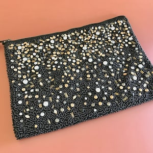 Vintage schwarze Perlen Clutch, Abend Abendtasche, 90er Jahre Mode, luxe Perlen Handtasche, Abendtasche mit Reißverschluss