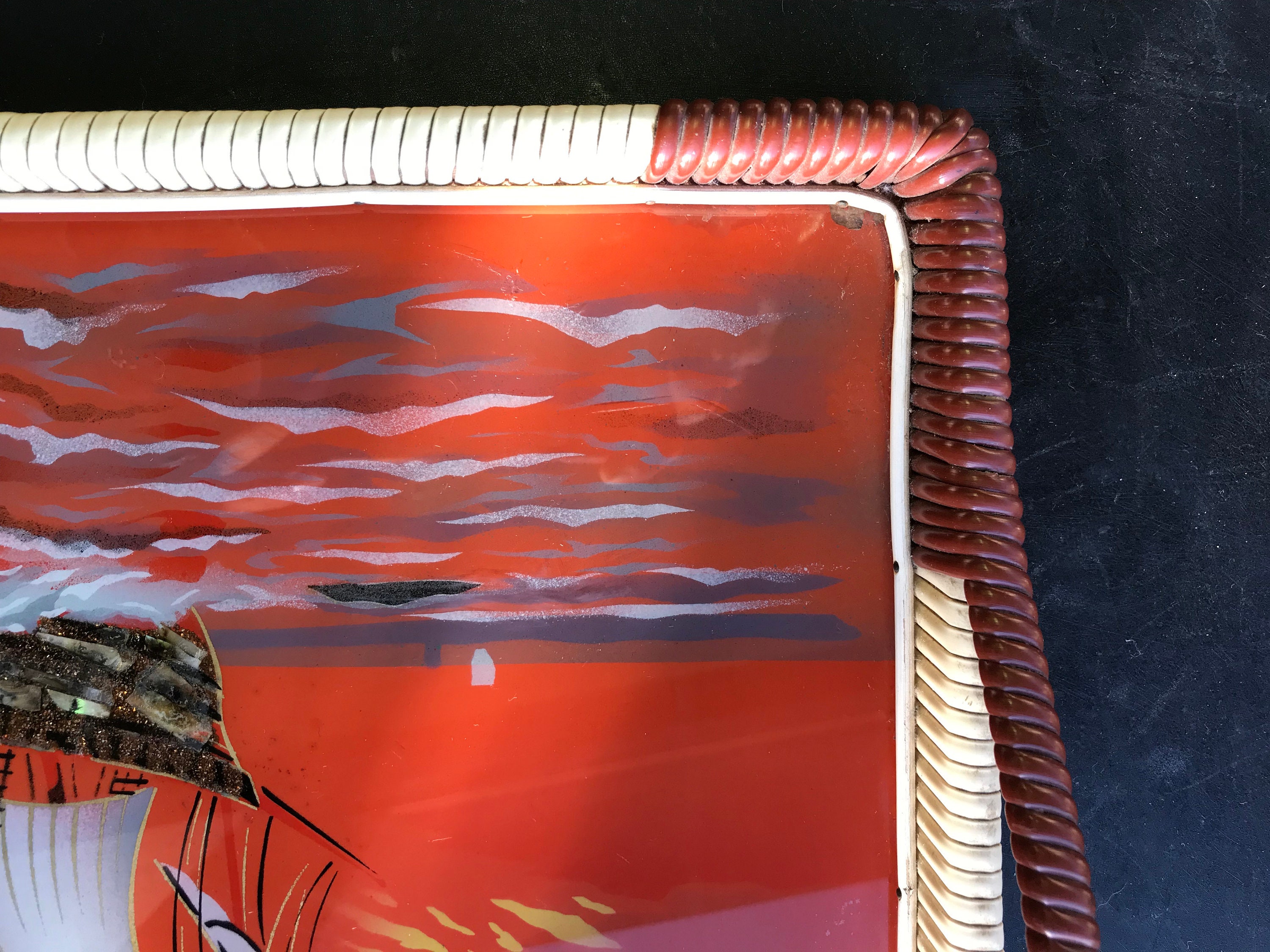 Vintage Ship Serving Tray, Reverse Painted Glass With Shell Inlay, Red ...