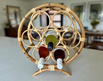 ヴィンテージ60年代ラタンワインラック、4本用竹製ホルダー、ミッド