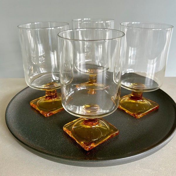 Set/4 Nordic Topaz 10 oz water glasses, Federal Glass square base glasses, 1960s mod glassware, vintage barware