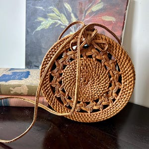 Vintage round woven purse, summer shoulder bag with batik lining, Balinese rattan purse, tropical style handbag, coastal Grandmother style