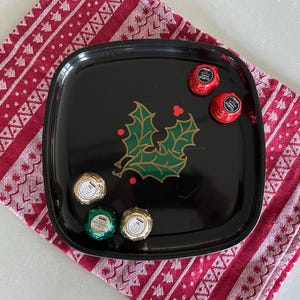 Couroc serving tray, holly motif, vintage MCM Couroc of Monterey, black lacquer serving tray, mid century Christmas decor, holiday barware