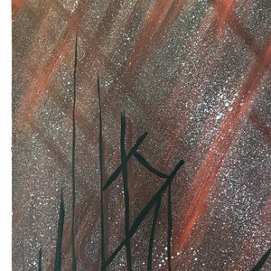 May include: Abstract painting with a dark brown background and white speckles. The painting features black lines that create a geometric pattern.