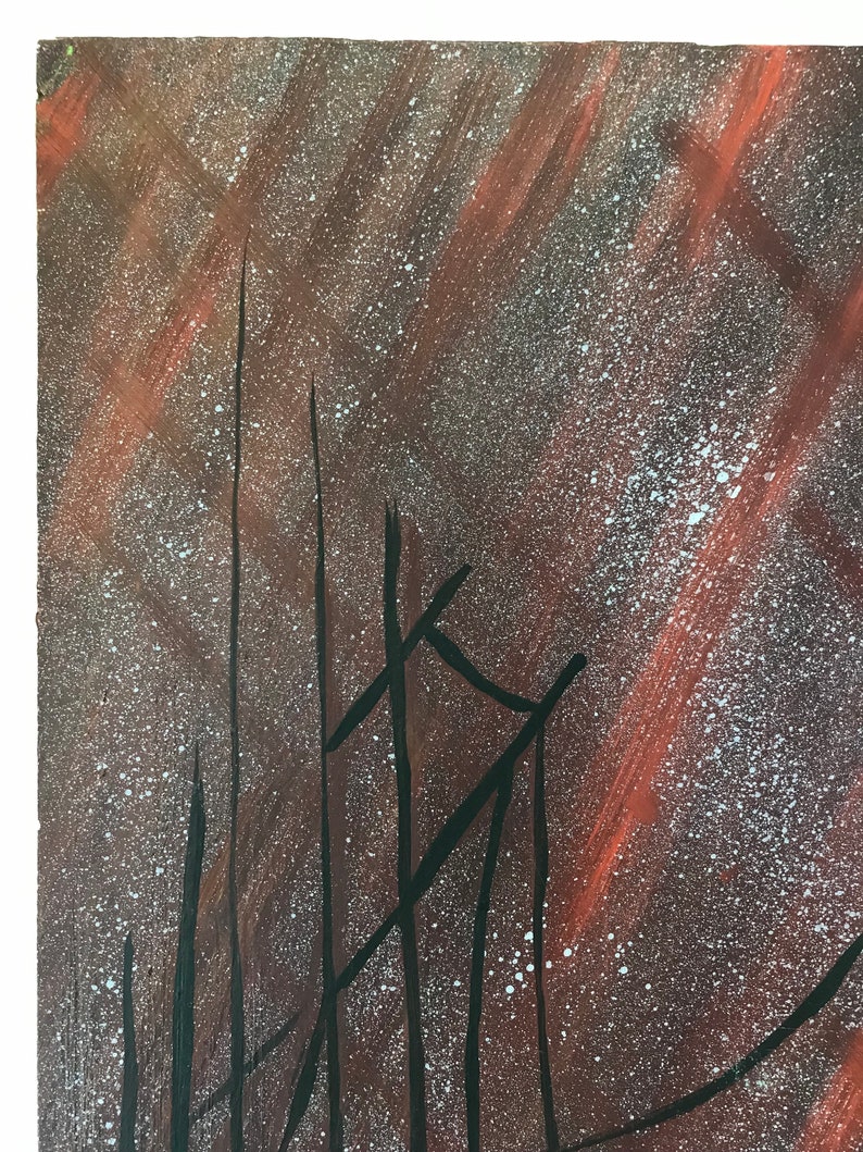 May include: Abstract painting with a dark brown background and white speckles. The painting features black lines that create a geometric pattern.