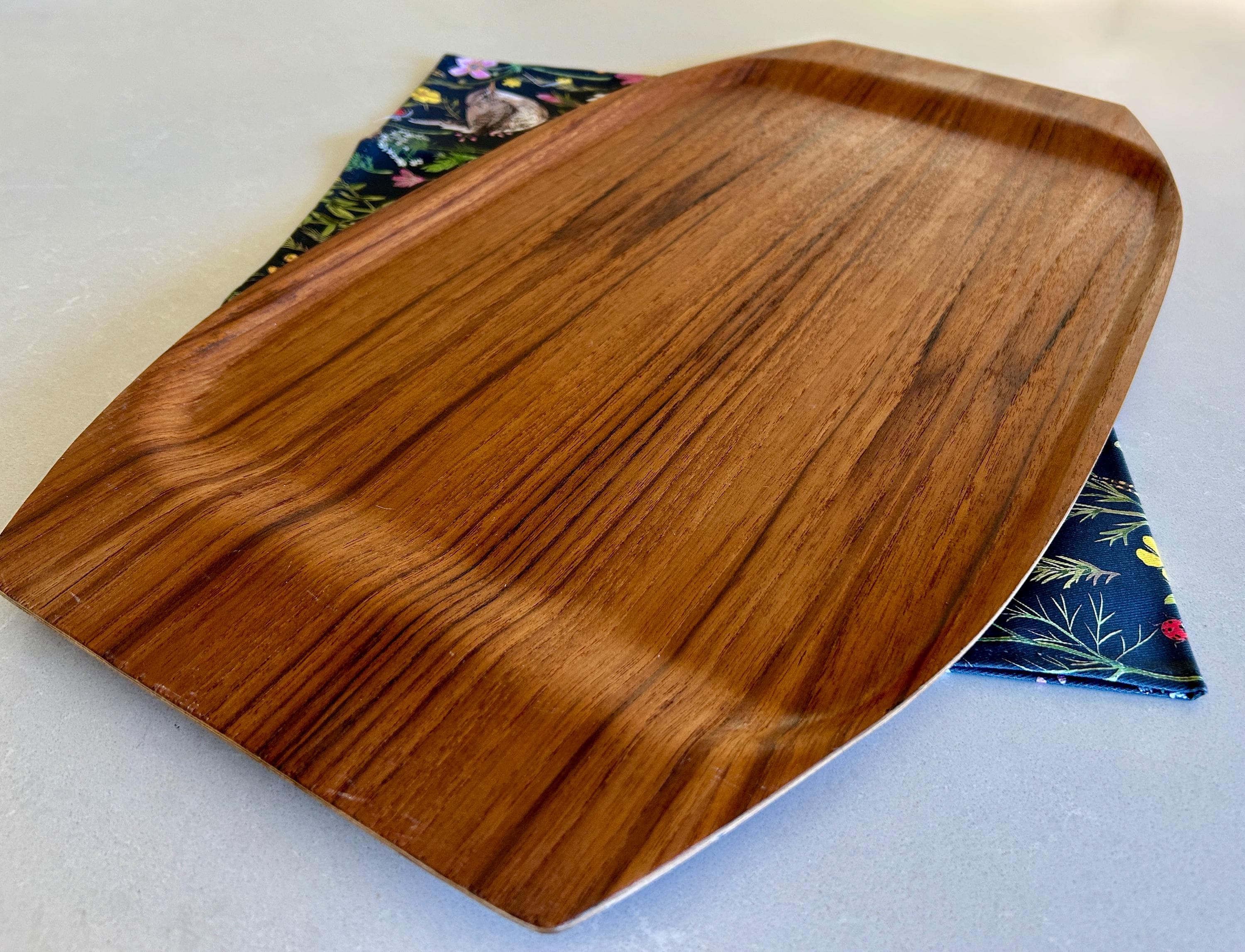 MCM molded wood veneer tray, mid-century oval serving tray, 1960s decor, vintage teakwood barware, Danish modern style