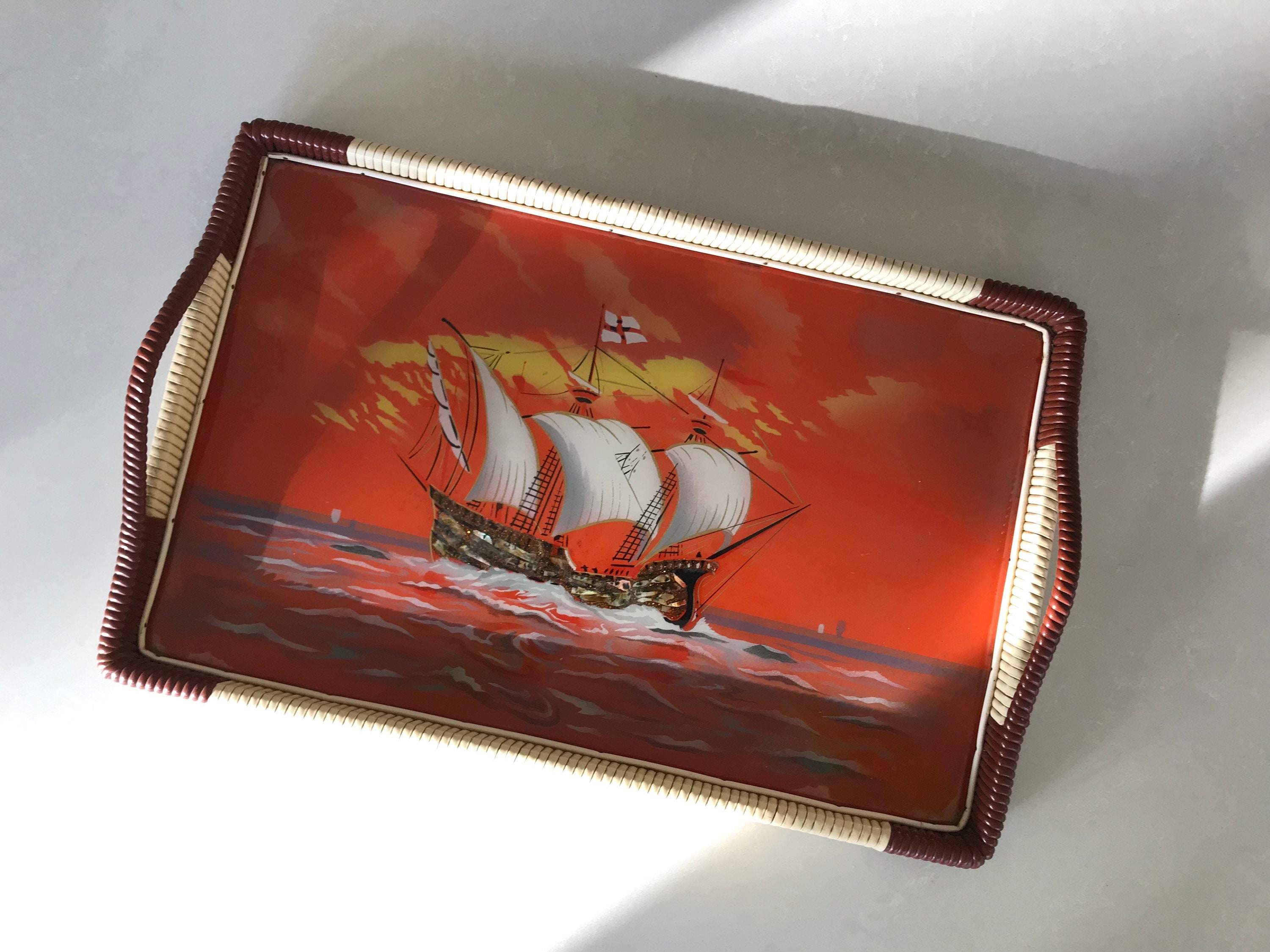 Vintage Ship Serving Tray, Reverse Painted Glass With Shell Inlay, Red ...