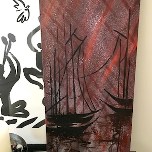 May include: Abstract painting of a dark silhouette of sailboats on a red and white background.