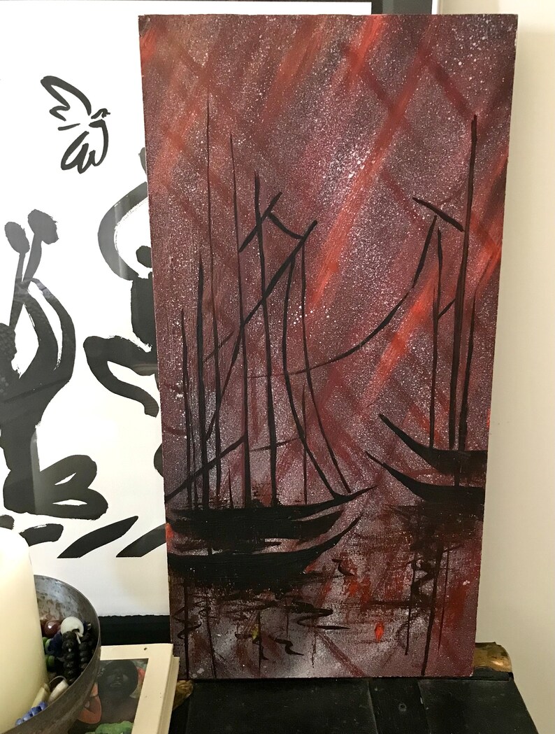 May include: Abstract painting of a dark silhouette of sailboats on a red and white background.