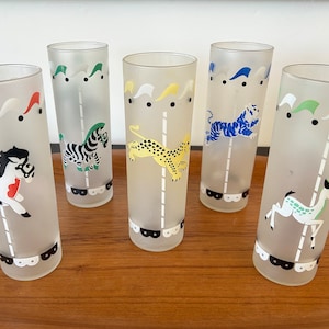 Set/5 Libbey Carousel high ball glasses, MCM cocktail glassware, whimsical vintage barware, Mid-century decor, collectible frosted glasses