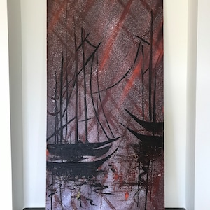 May include: Abstract painting of a harbor scene with black silhouettes of sailboats against a dark red and gray background with white and orange accents.