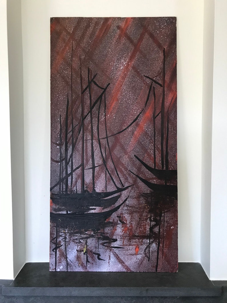 May include: Abstract painting of a harbor scene with black silhouettes of sailboats against a dark red and gray background with white and orange accents.