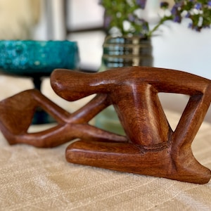 Vintage carved wood figure, seated figure with bowl, mahogany wood carving, global home decor, handmade wood carving