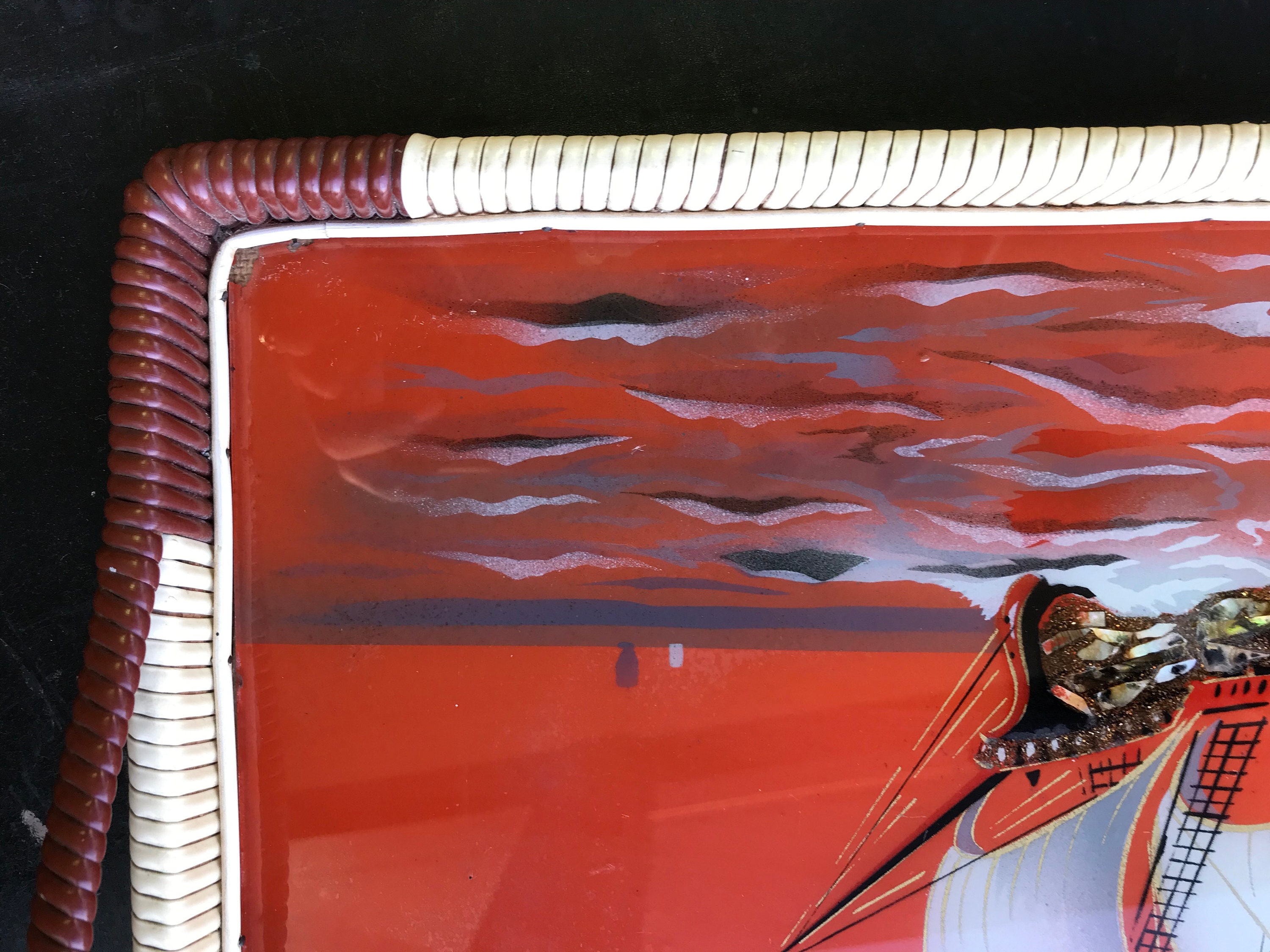 Vintage Ship Serving Tray, Reverse Painted Glass With Shell Inlay, Red ...