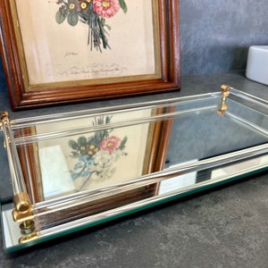 Mirrored vanity tray, MCM mirrored tray with lucite and brass edging, Hollywood Regency bathroom tray, jewelry or perfume dresser tray