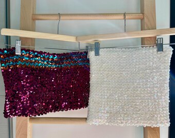 70s vintage sequined tube tops, magenta & turquoise or iridescent white, disco style clothing, club attire
