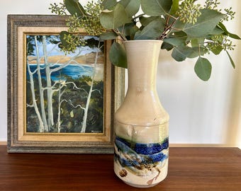 Studio pottery vase, ivory with blue and brown accents, hand thrown vintage pottery vase, handmade vintage pottery