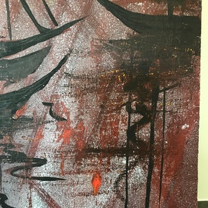 May include: Abstract painting with black and white brushstrokes on a red background. The painting has a textured surface and a speckled effect.